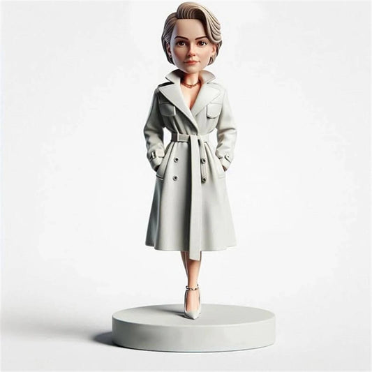 Diy Bobblehead Handmade Clay Artwork Featuring Confident Woman in Trendy Long Coat Ideal Gift for Fashion Forward Working Mothers Gift