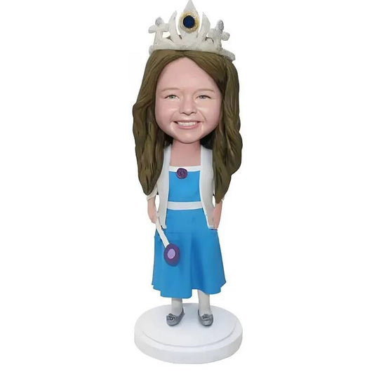 Diy Custom Figurine of Young Girl in Blue Dress and Crown,Personalized Full Figurine, Polymer Clay Customized Bobblehead Gift