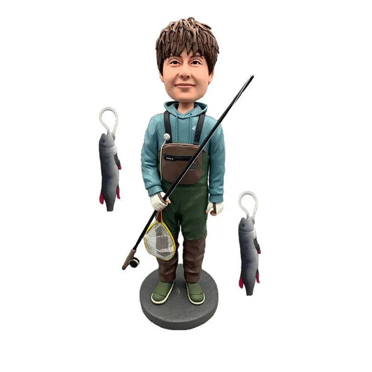 Diy Custom Bobblehead Figurine with Rod and Tackle, Personalized Bobbleheads for Fishing Enthusiasts or Collectors 6"-9" Gift